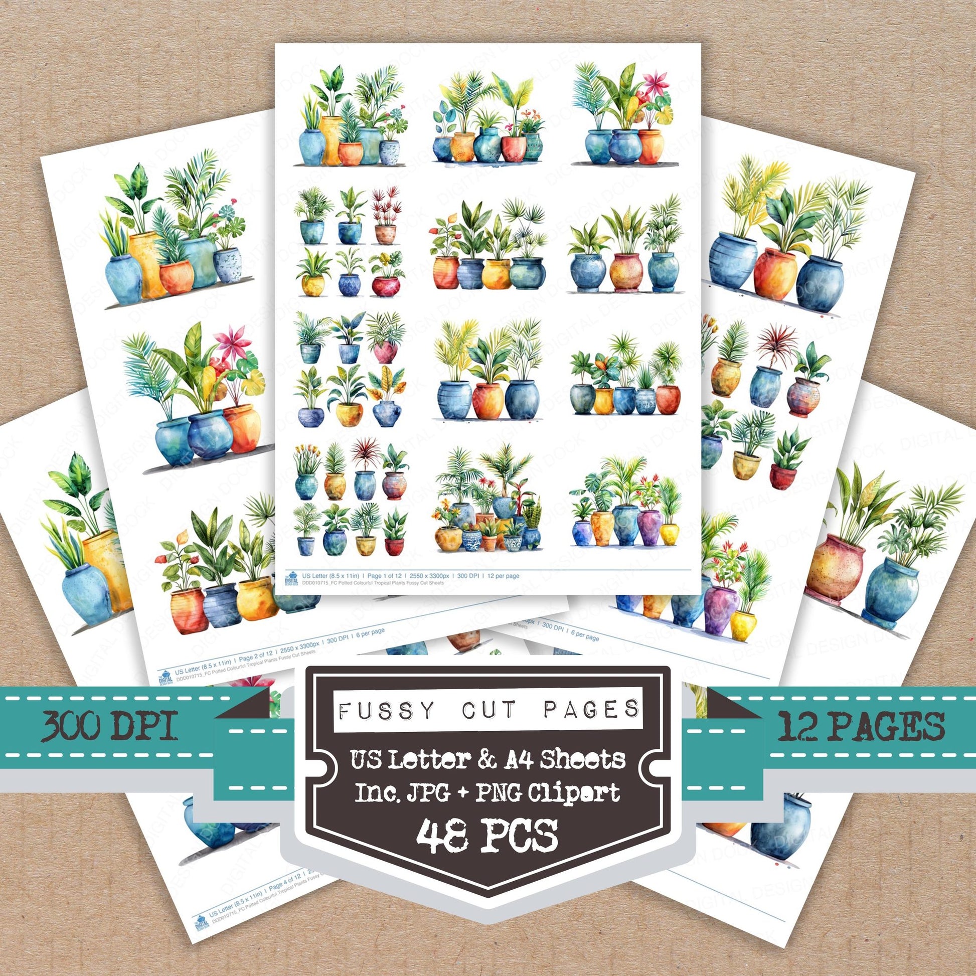 Potted Colourful Tropical Plants fussy cut printable sheets for junk journaling, scrapbooking, and paper craft projects
