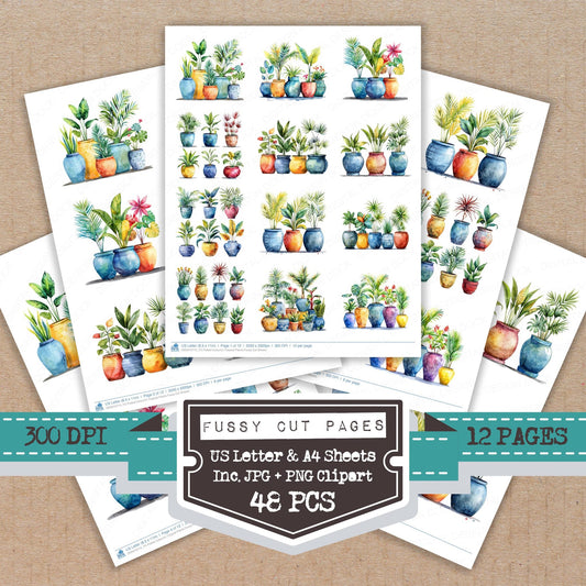 Potted Colourful Tropical Plants fussy cut printable sheets for junk journaling, scrapbooking, and paper craft projects