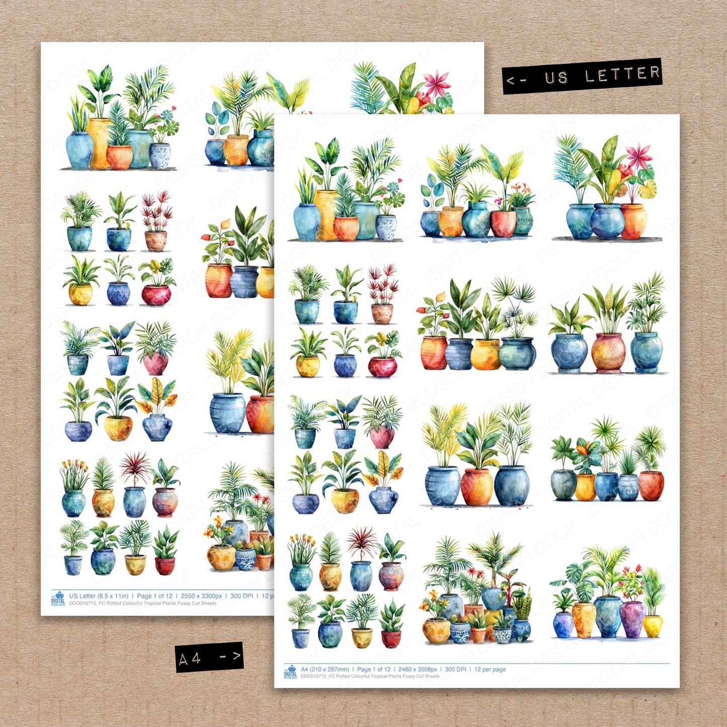 A4 and US Letter format comparison showing Potted Colourful Tropical Plants fussy cut pages for print and cut crafting