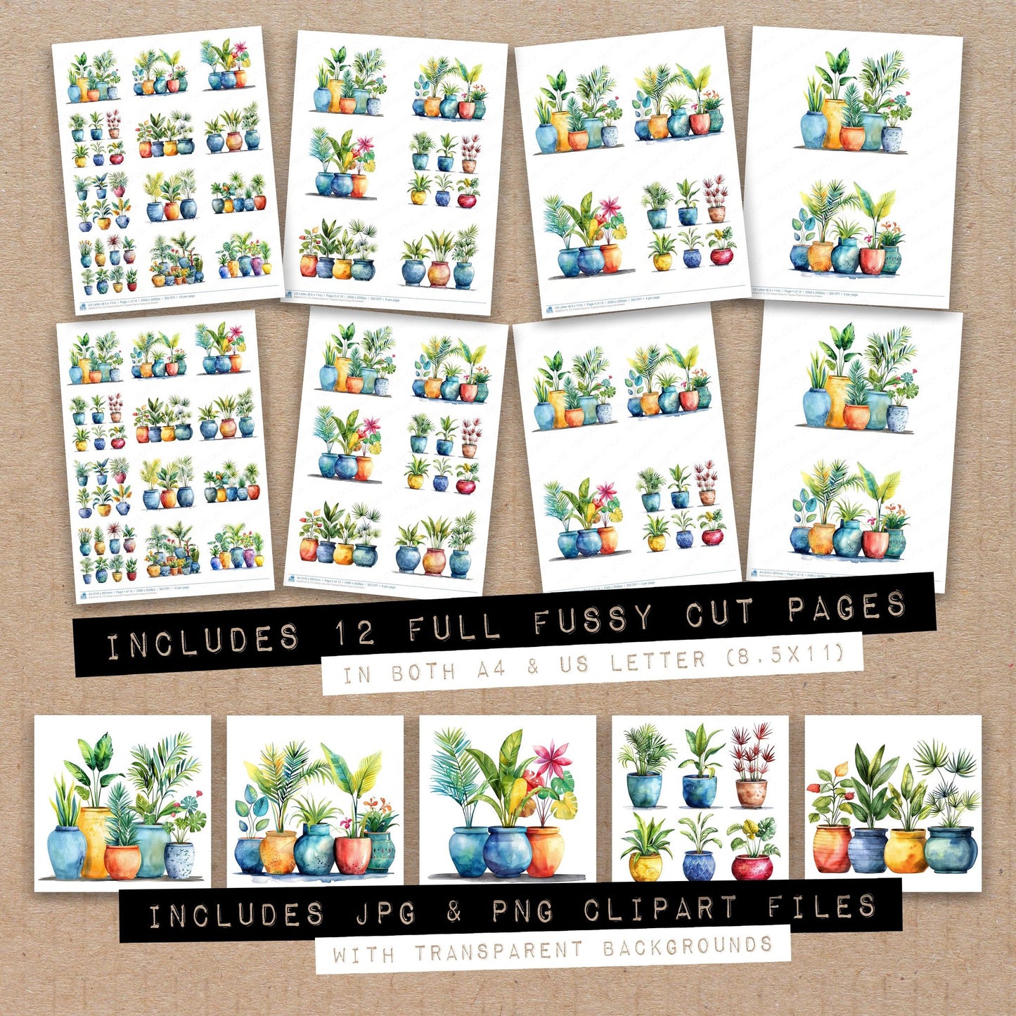 Full collection view of Potted Colourful Tropical Plants fussy cut sheets with bonus clipart JPG and PNG files