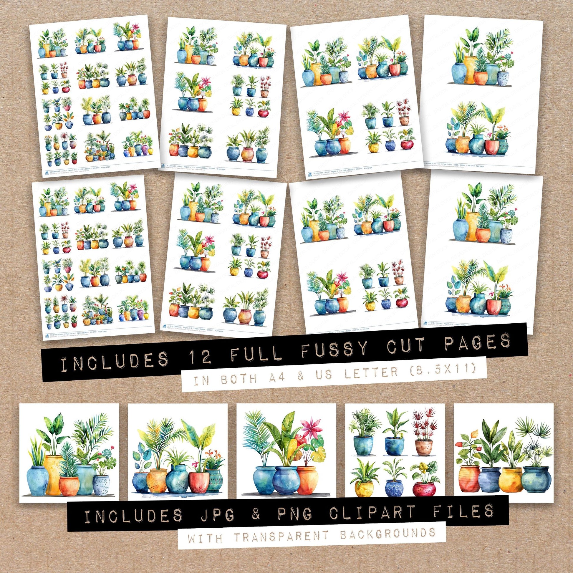 Full collection view of Potted Colourful Tropical Plants fussy cut sheets with bonus clipart JPG and PNG files
