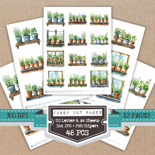 Potted Herb Garden fussy cut printable sheets for junk journaling, scrapbooking, and paper craft projects