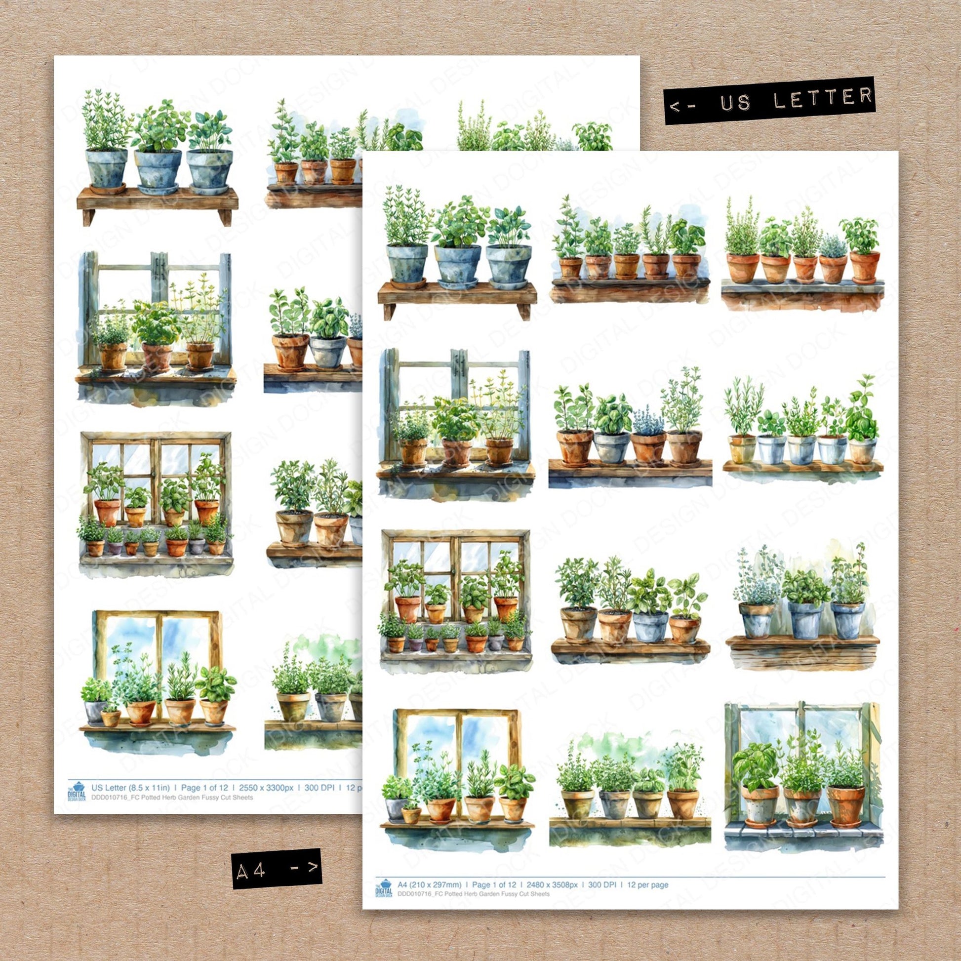 A4 and US Letter format comparison showing Potted Herb Garden fussy cut pages for print and cut crafting