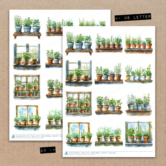 A4 and US Letter format comparison showing Potted Herb Garden fussy cut pages for print and cut crafting