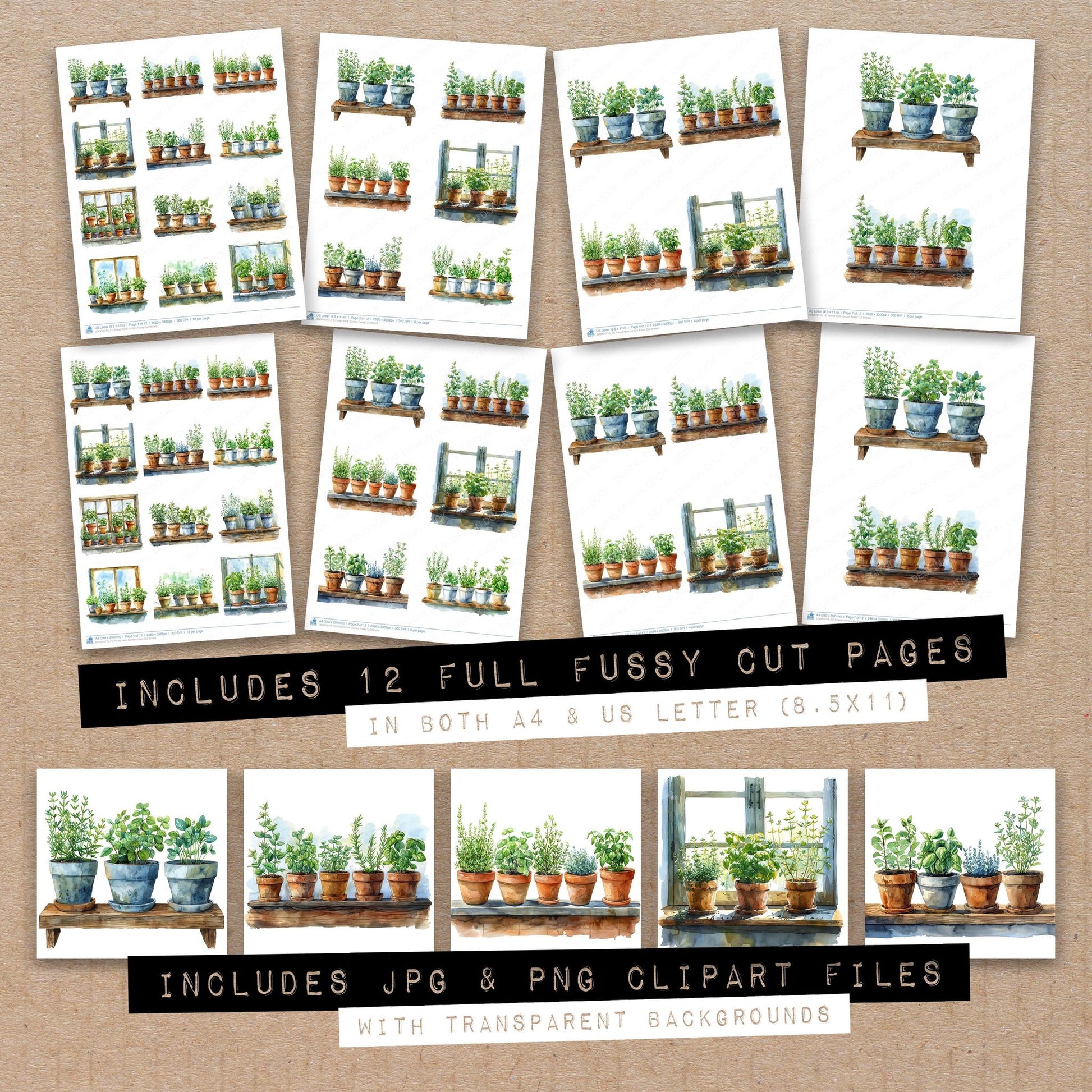 Full collection view of Potted Herb Garden fussy cut sheets with bonus clipart JPG and PNG files