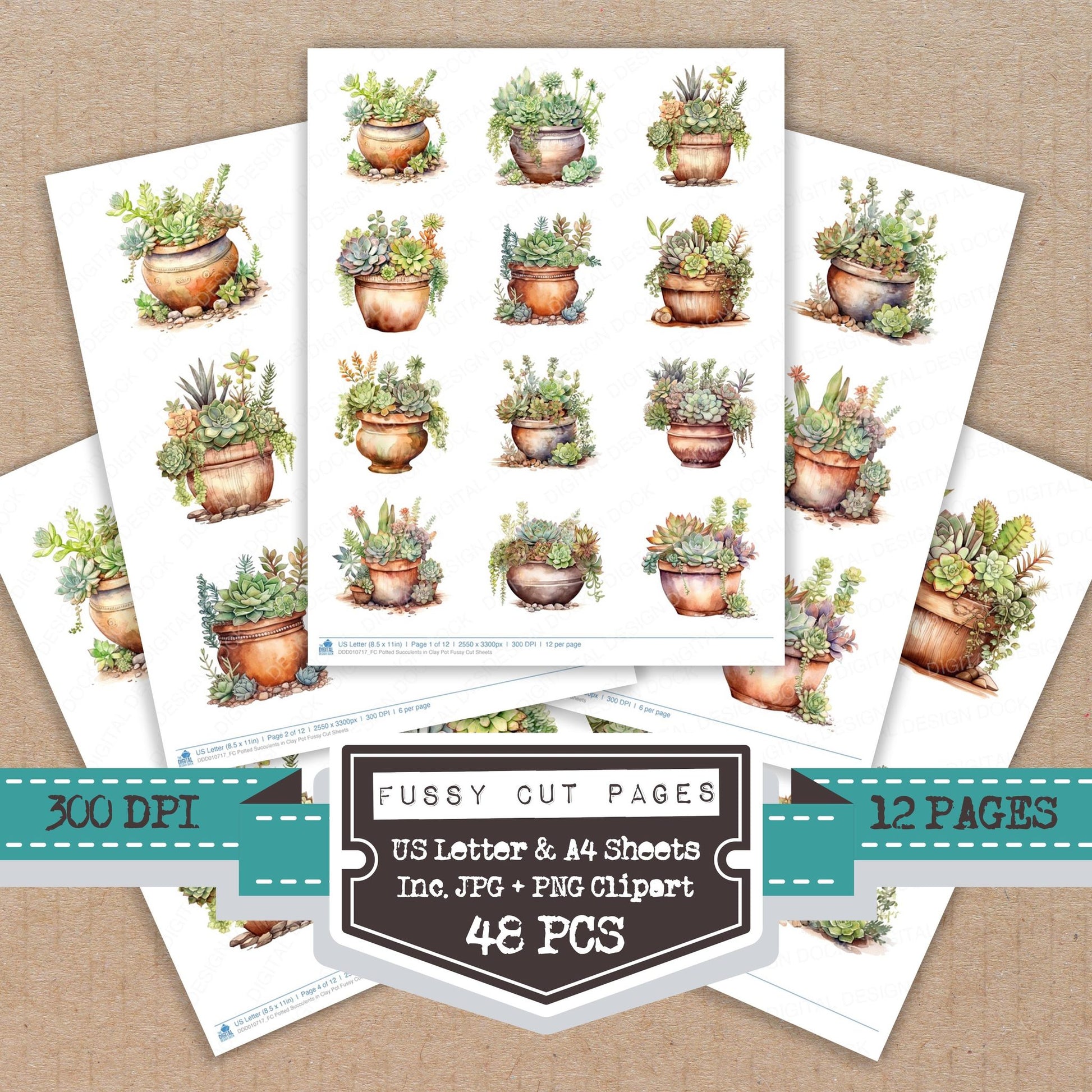 Potted Succulents in Clay Pot fussy cut printable sheets for junk journaling, scrapbooking, and paper craft projects