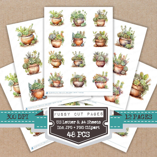 Potted Succulents in Clay Pot fussy cut printable sheets for junk journaling, scrapbooking, and paper craft projects