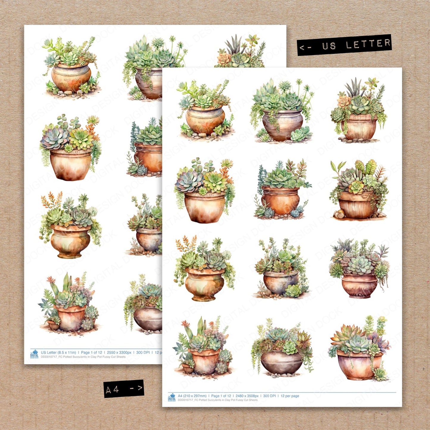 A4 and US Letter format comparison showing Potted Succulents in Clay Pot fussy cut pages for print and cut crafting