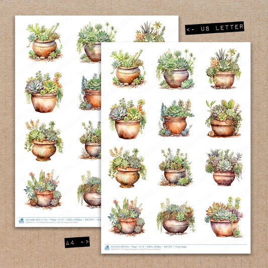 A4 and US Letter format comparison showing Potted Succulents in Clay Pot fussy cut pages for print and cut crafting