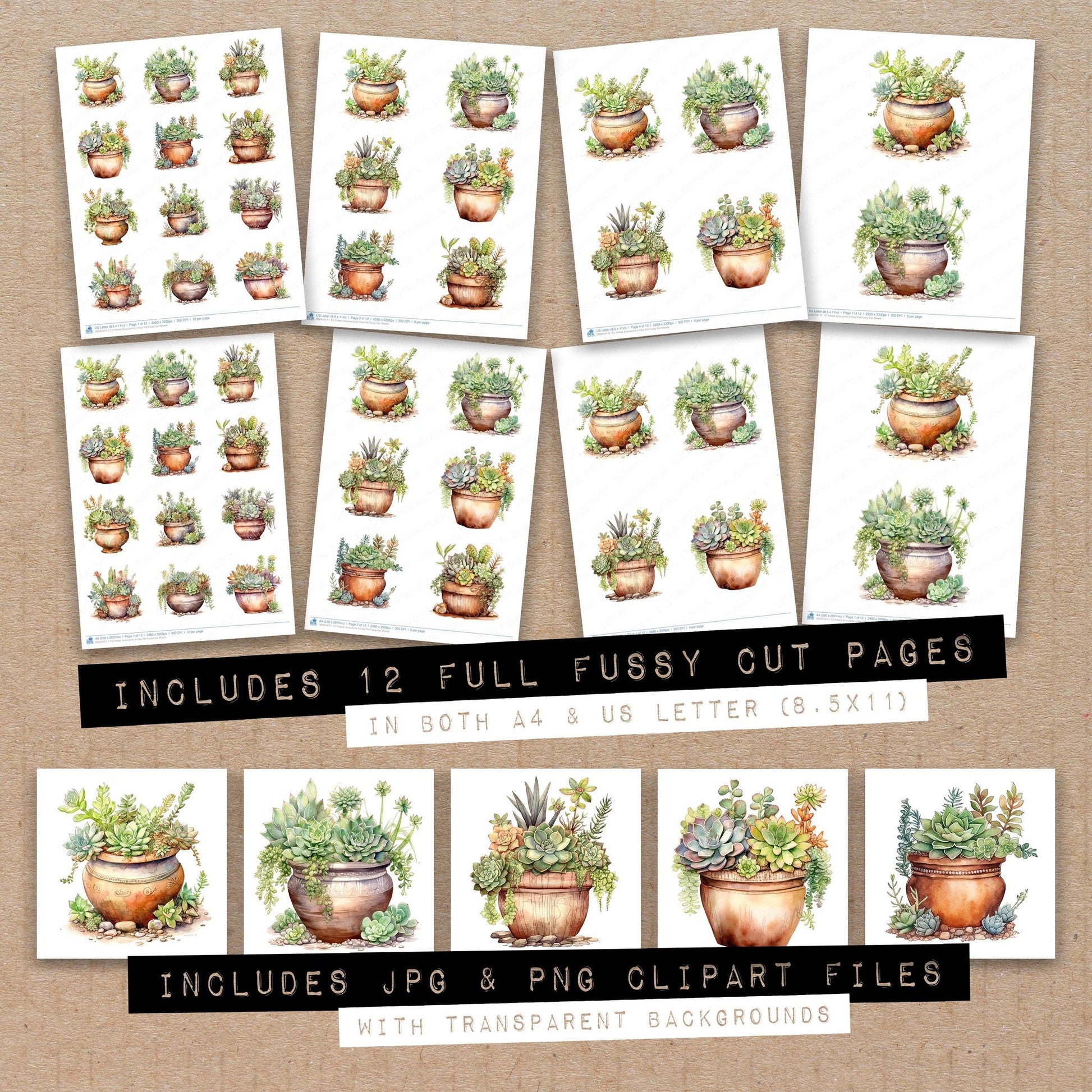 Full collection view of Potted Succulents in Clay Pot fussy cut sheets with bonus clipart JPG and PNG files