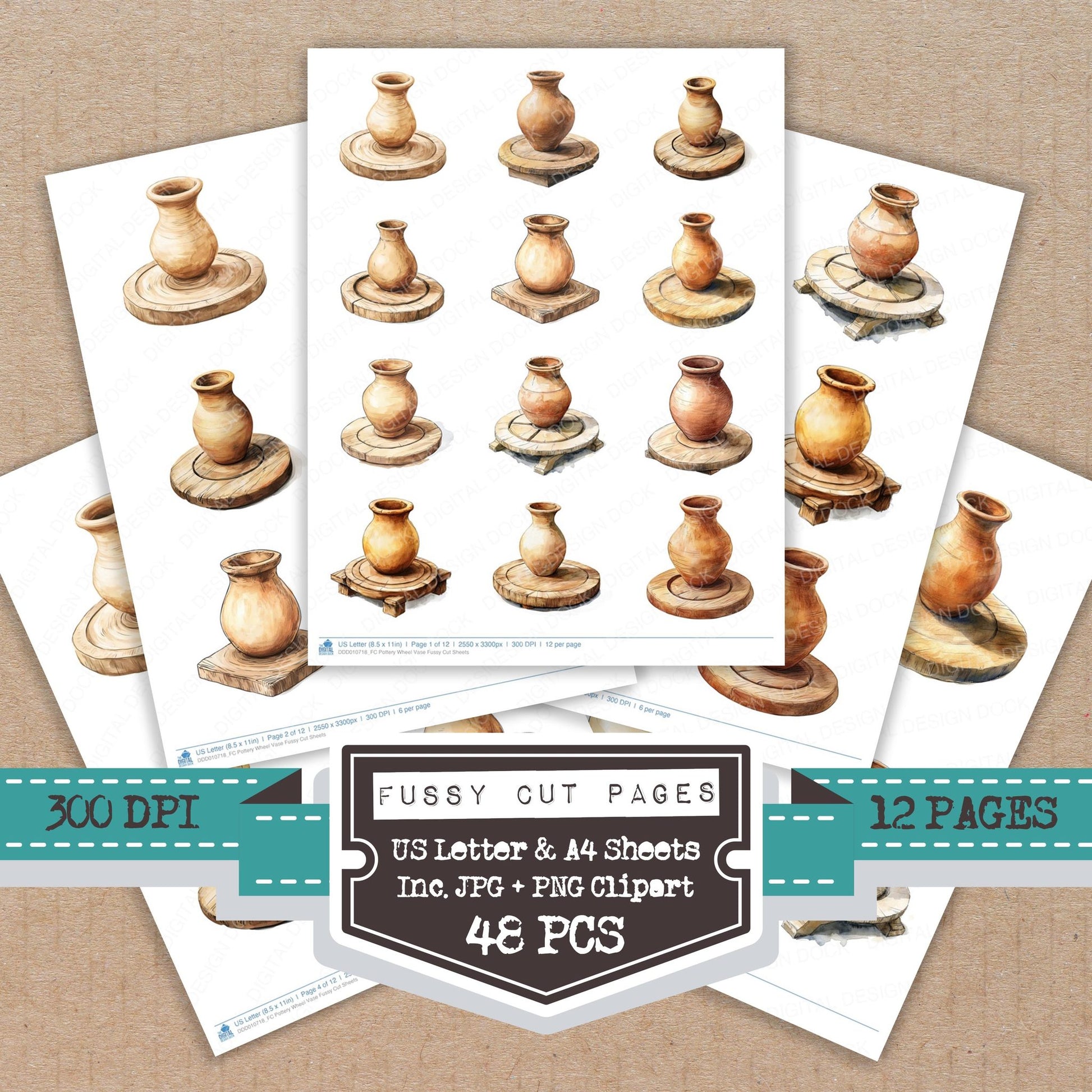 Pottery Wheel Vase fussy cut printable sheets for junk journaling, scrapbooking, and paper craft projects