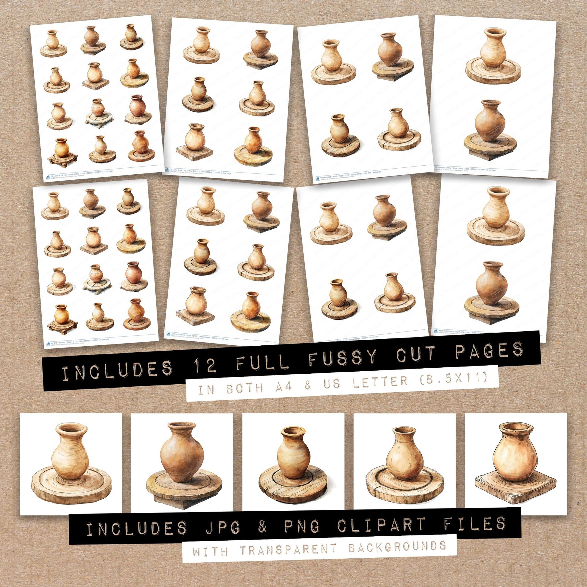 Full collection view of Pottery Wheel Vase fussy cut sheets with bonus clipart JPG and PNG files