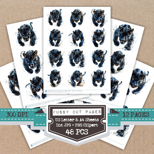 Pouncing Black Jaguar fussy cut printable sheets for junk journaling, scrapbooking, and paper craft projects