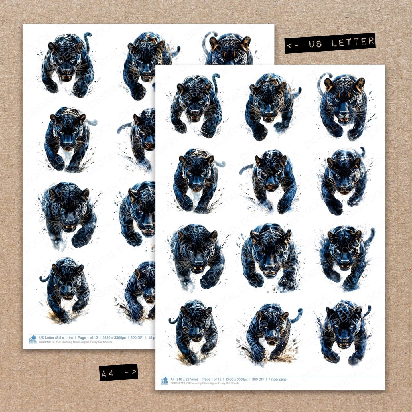 A4 and US Letter format comparison showing Pouncing Black Jaguar fussy cut pages for print and cut crafting