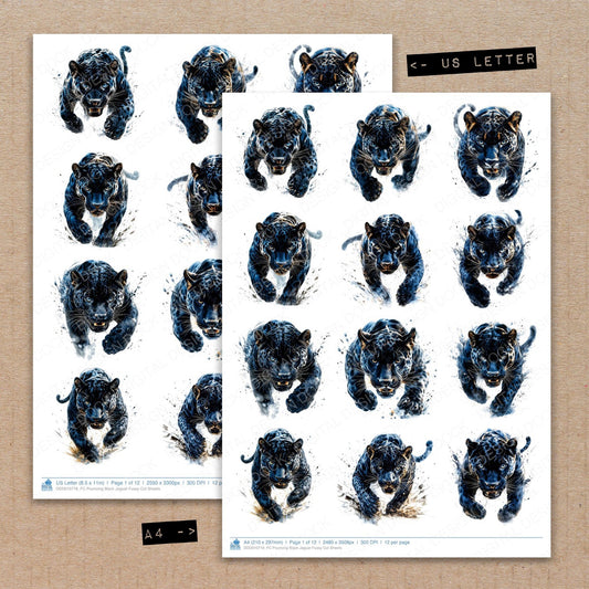 A4 and US Letter format comparison showing Pouncing Black Jaguar fussy cut pages for print and cut crafting