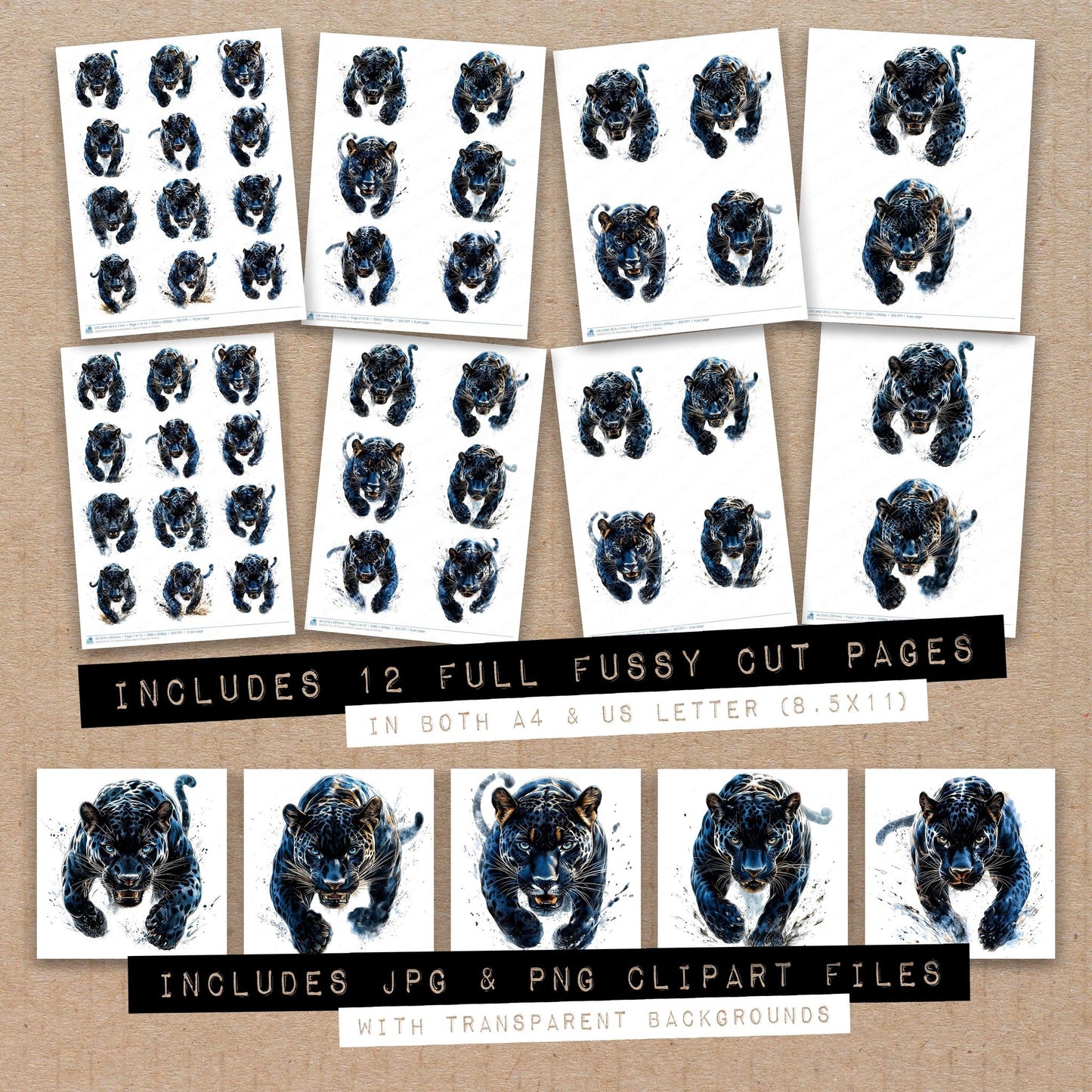 Full collection view of Pouncing Black Jaguar fussy cut sheets with bonus clipart JPG and PNG files