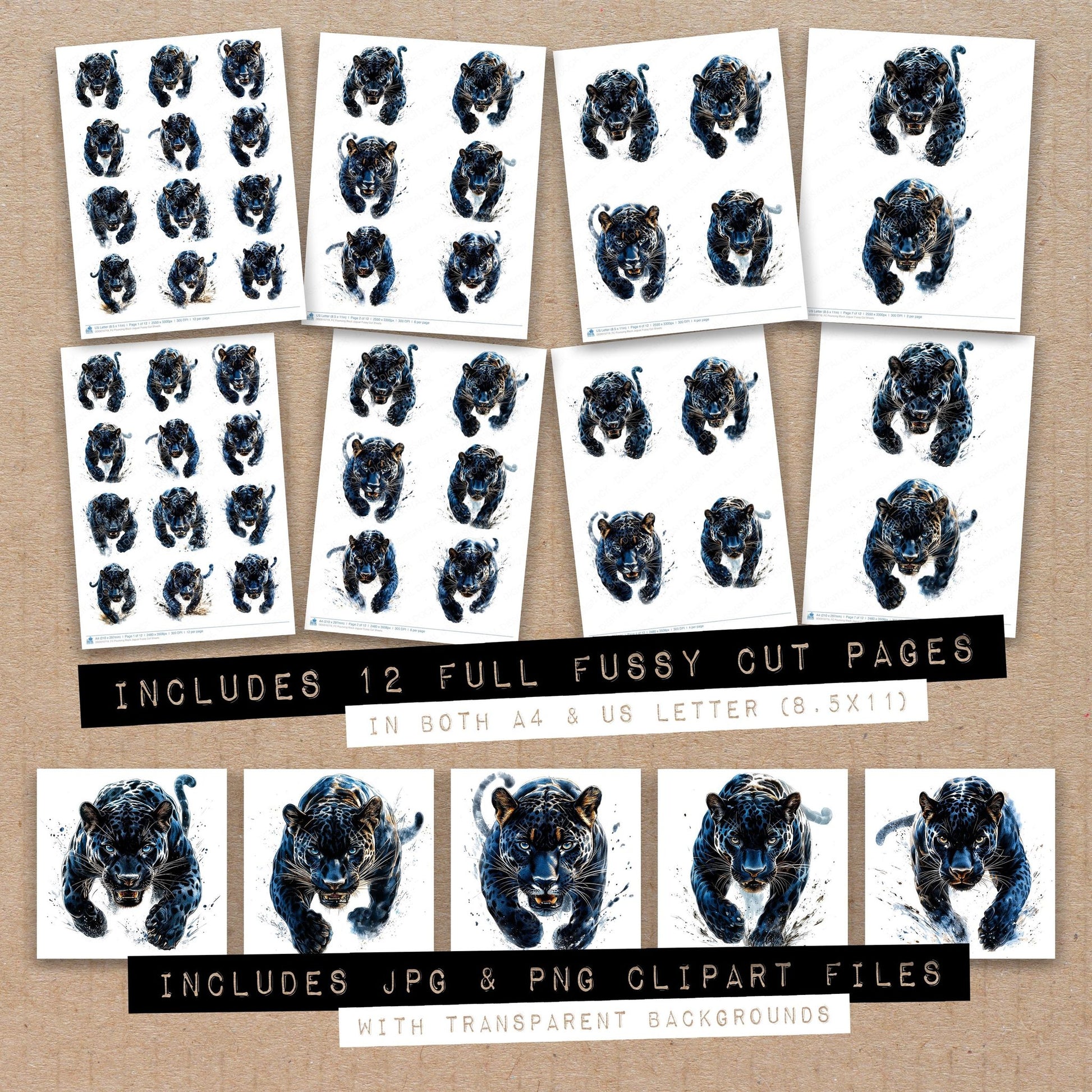 Full collection view of Pouncing Black Jaguar fussy cut sheets with bonus clipart JPG and PNG files