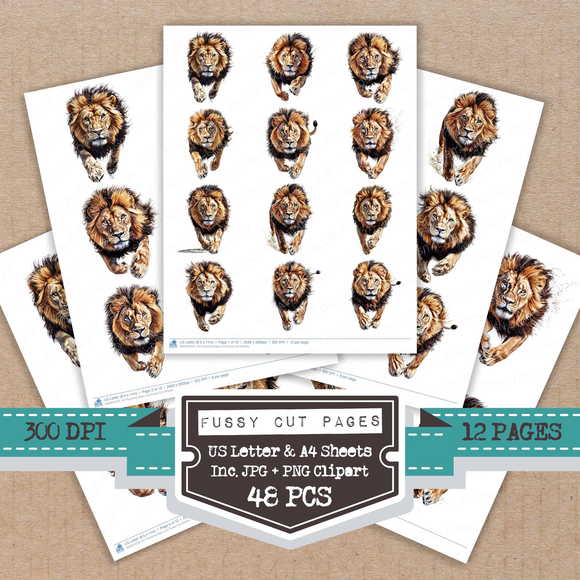 Pouncing Male Lion fussy cut printable sheets for junk journaling, scrapbooking, and paper craft projects