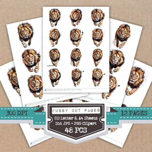 Pouncing Male Lion fussy cut printable sheets for junk journaling, scrapbooking, and paper craft projects
