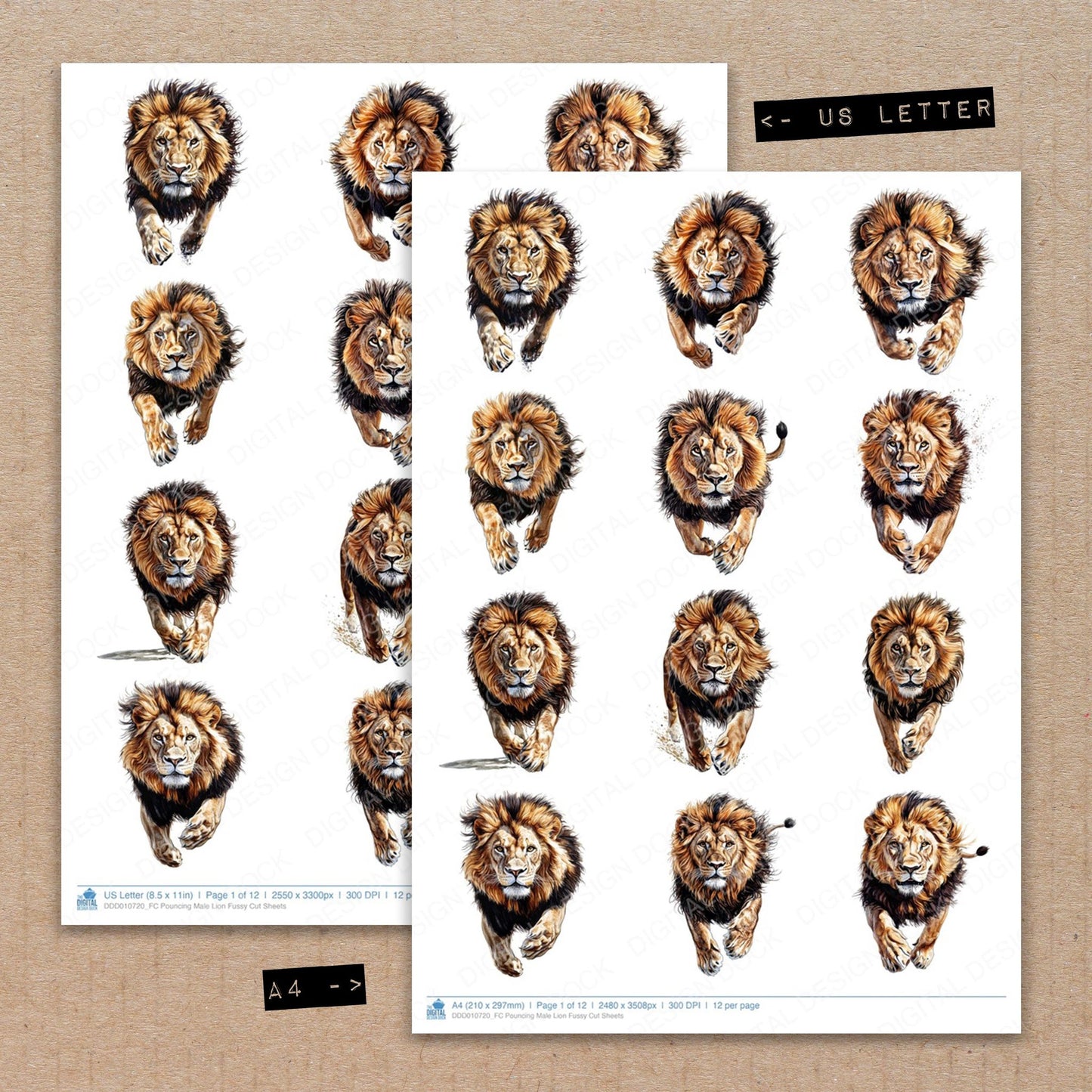 A4 and US Letter format comparison showing Pouncing Male Lion fussy cut pages for print and cut crafting