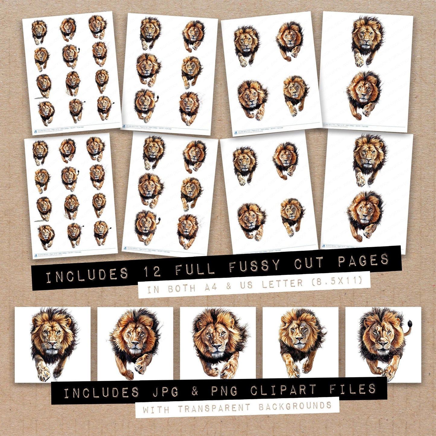 Full collection view of Pouncing Male Lion fussy cut sheets with bonus clipart JPG and PNG files