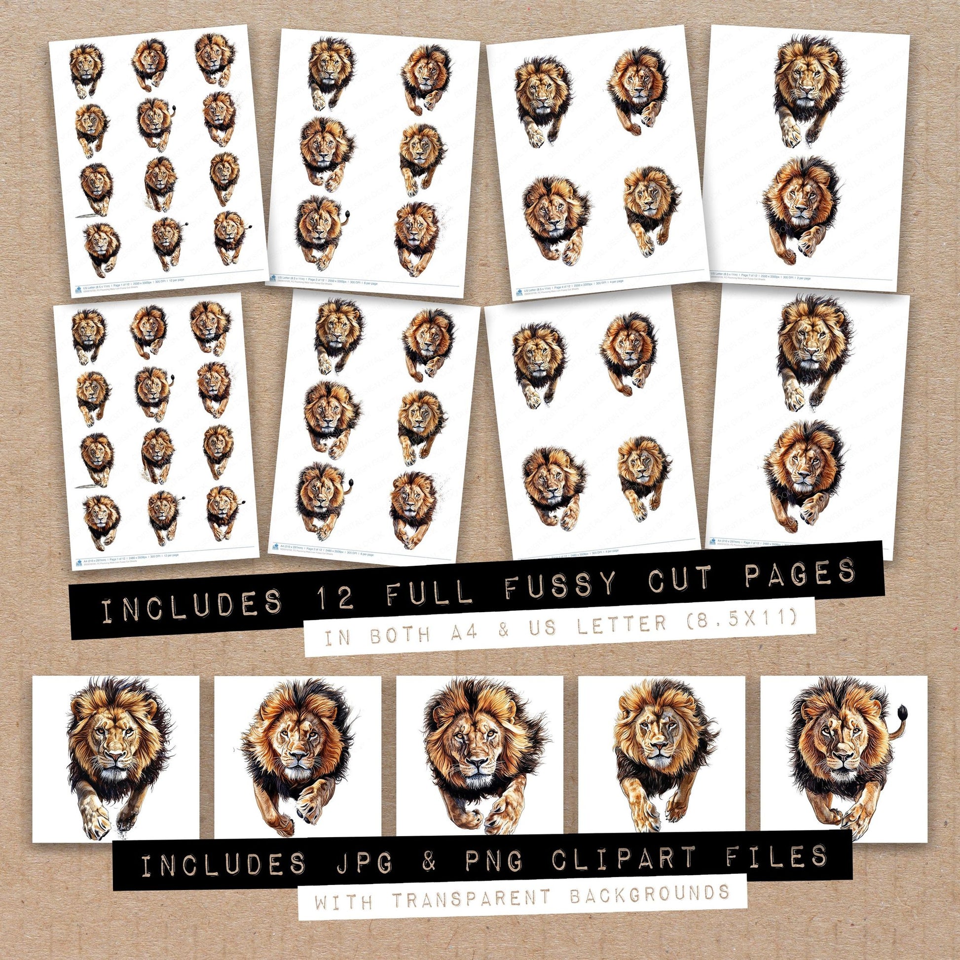 Full collection view of Pouncing Male Lion fussy cut sheets with bonus clipart JPG and PNG files