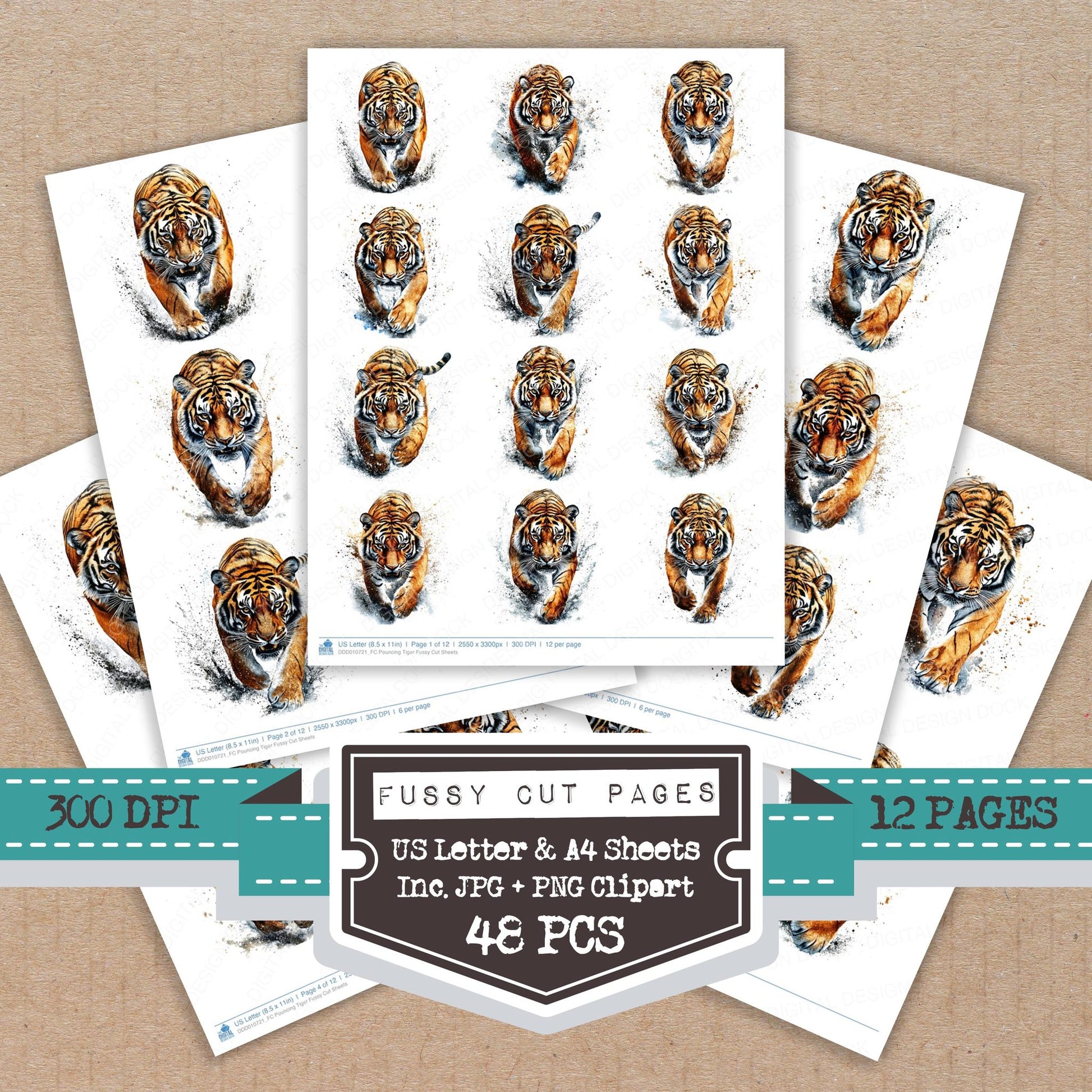 Pouncing Tiger fussy cut printable sheets for junk journaling, scrapbooking, and paper craft projects