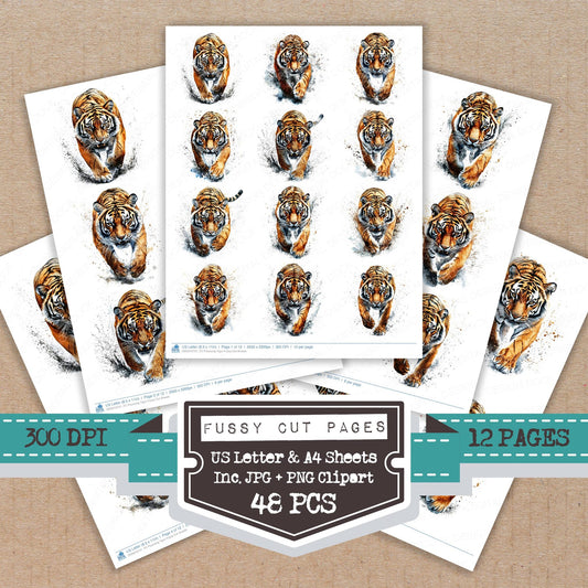 Pouncing Tiger fussy cut printable sheets for junk journaling, scrapbooking, and paper craft projects