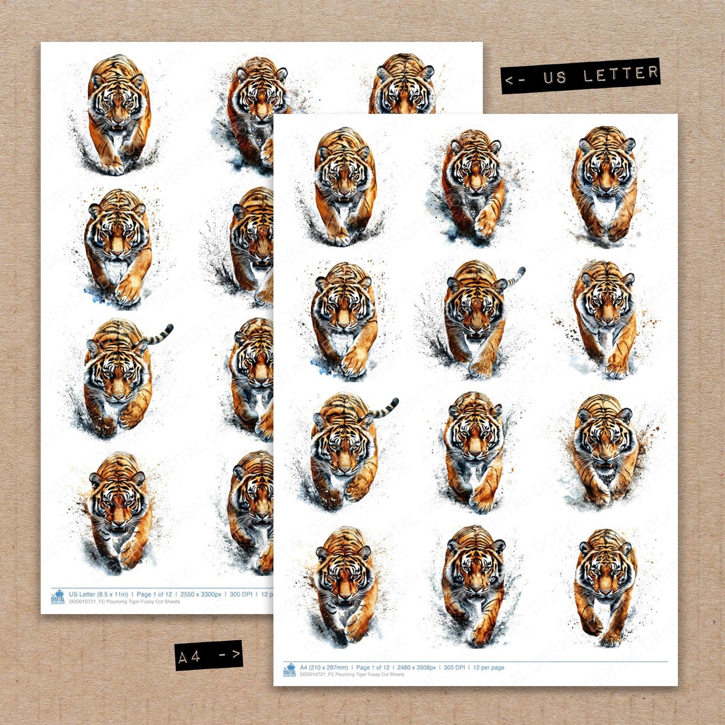 A4 and US Letter format comparison showing Pouncing Tiger fussy cut pages for print and cut crafting