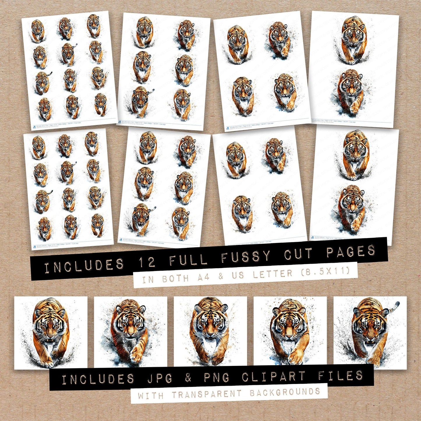 Full collection view of Pouncing Tiger fussy cut sheets with bonus clipart JPG and PNG files