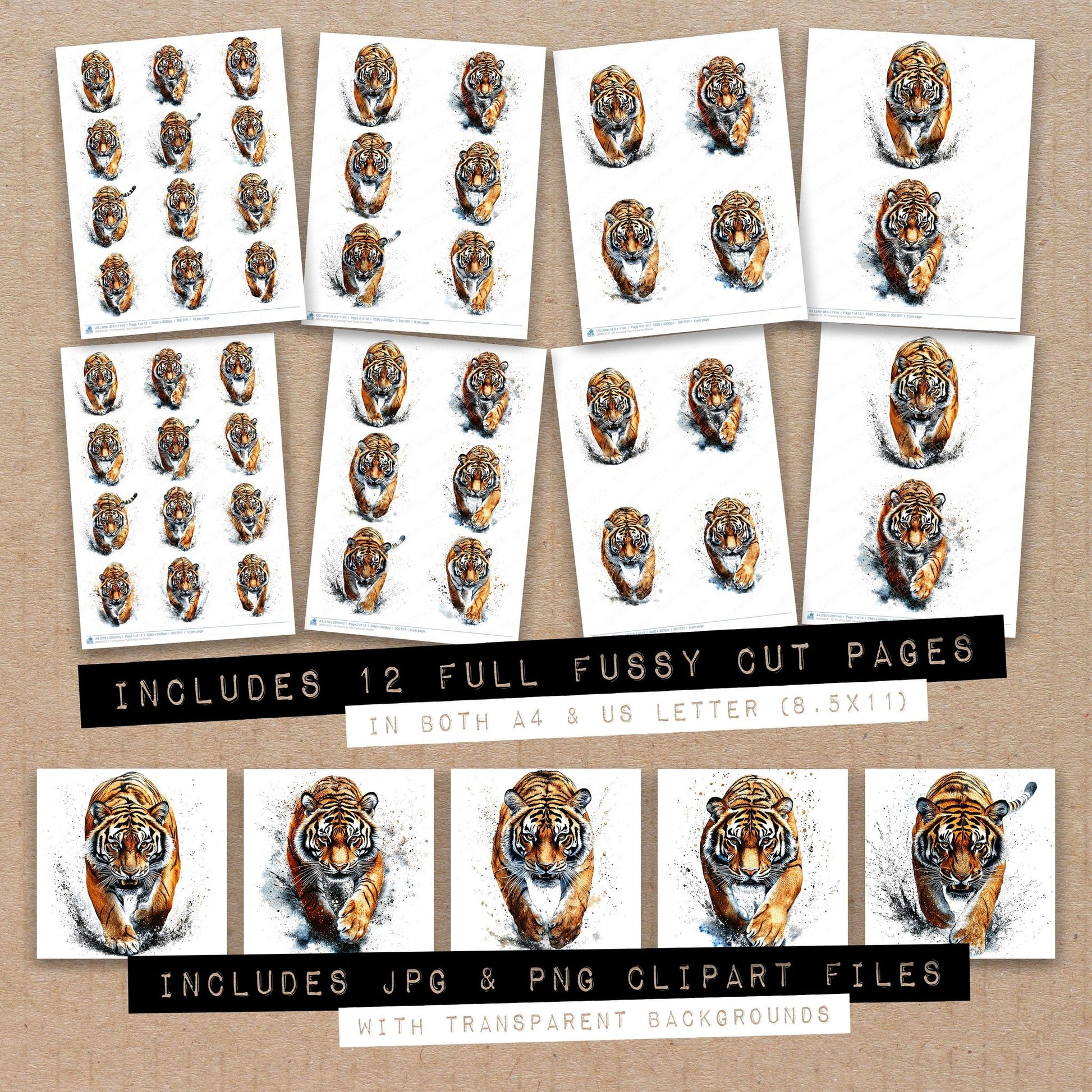 Full collection view of Pouncing Tiger fussy cut sheets with bonus clipart JPG and PNG files