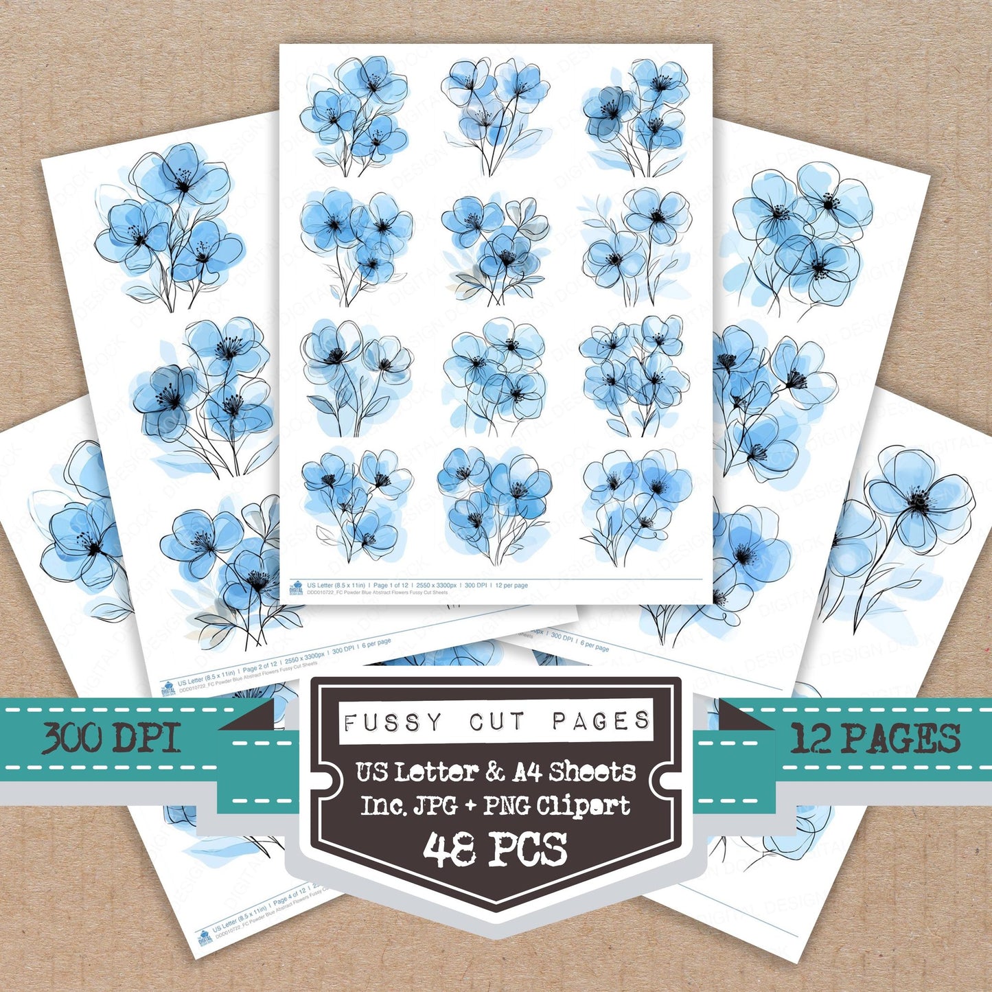 Powder Blue Abstract Flowers fussy cut printable sheets for junk journaling, scrapbooking, and paper craft projects