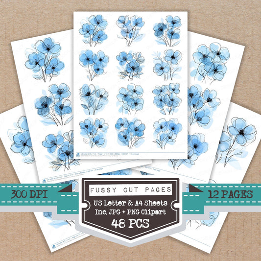 Powder Blue Abstract Flowers fussy cut printable sheets for junk journaling, scrapbooking, and paper craft projects