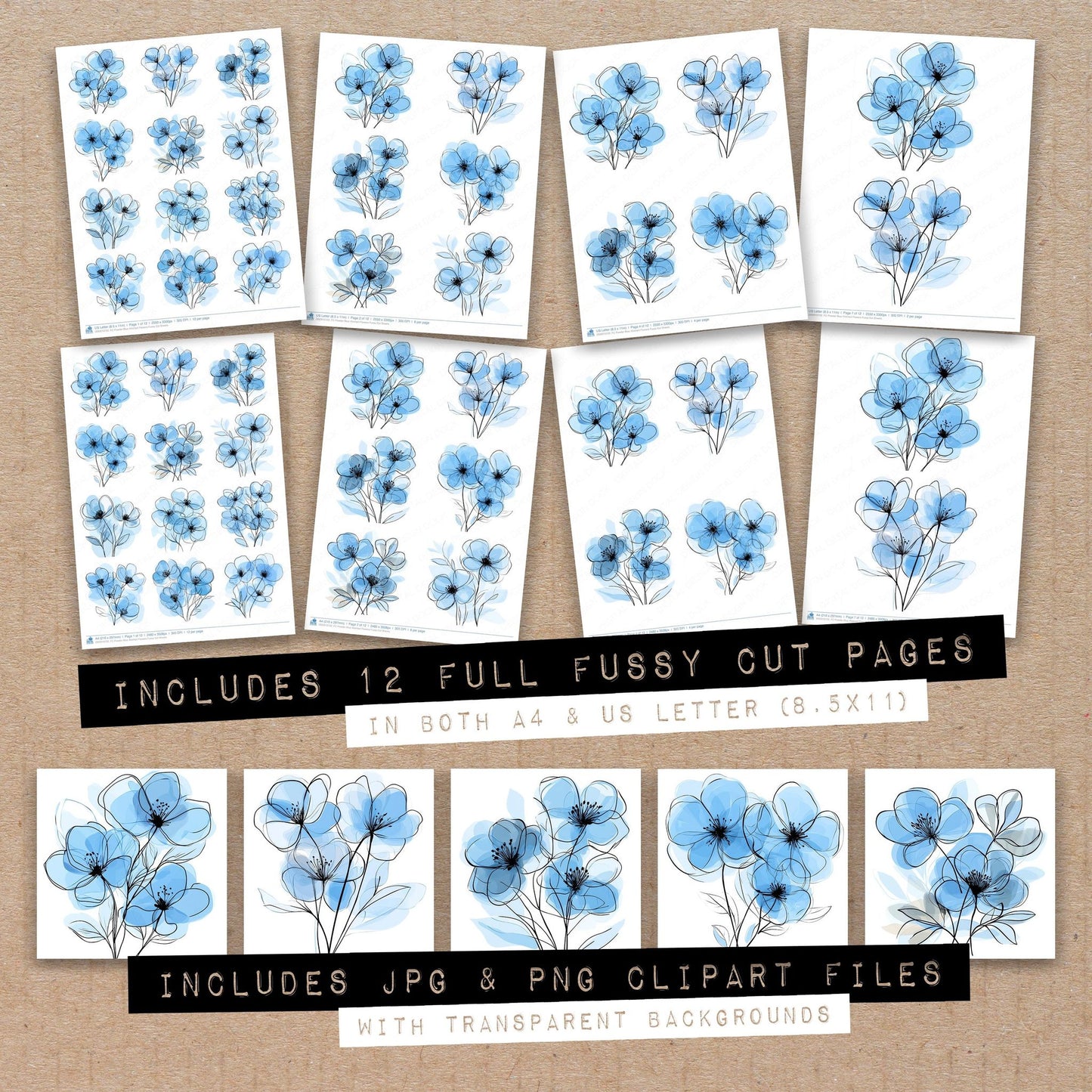 Full collection view of Powder Blue Abstract Flowers fussy cut sheets with bonus clipart JPG and PNG files