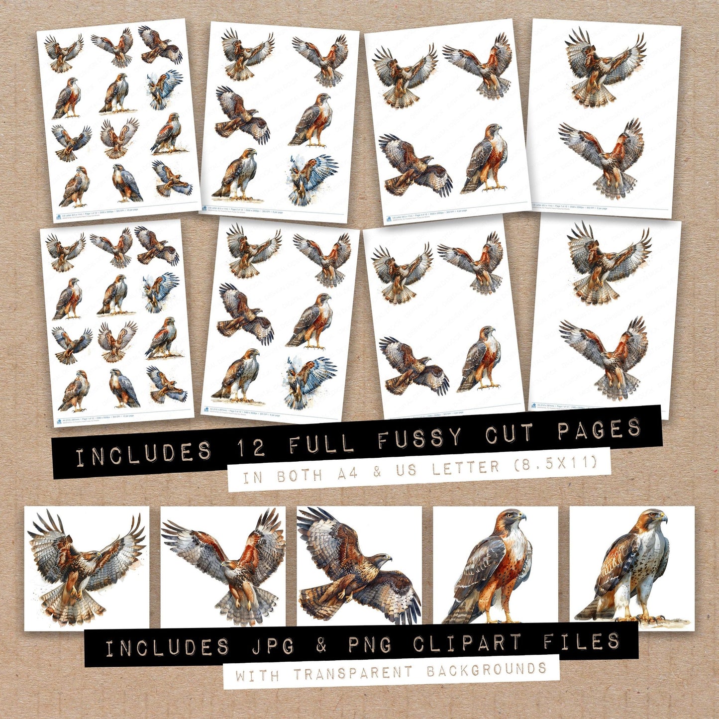 Full collection view of Powerful Hawk fussy cut sheets with bonus clipart JPG and PNG files