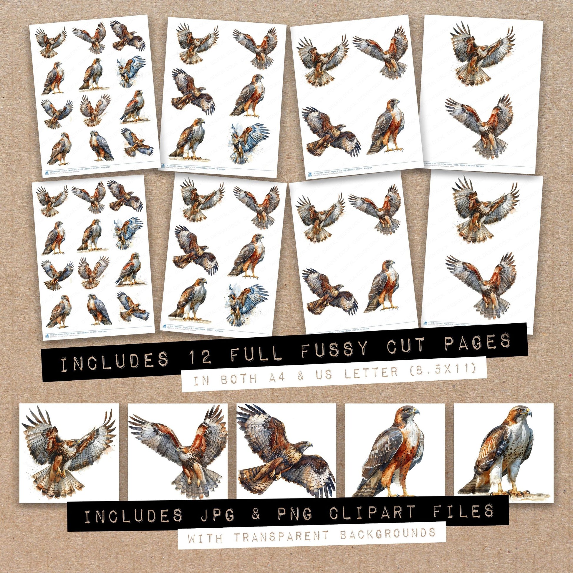 Full collection view of Powerful Hawk fussy cut sheets with bonus clipart JPG and PNG files