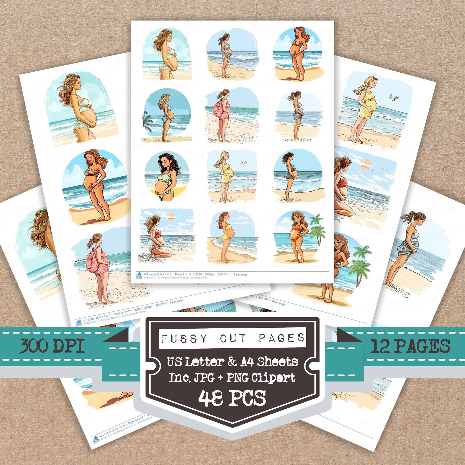 Pregnant Woman on Beach fussy cut printable sheets for junk journaling, scrapbooking, and paper craft projects