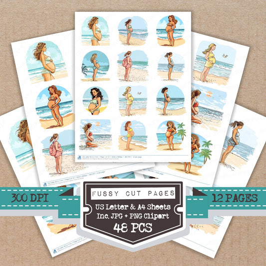 Pregnant Woman on Beach fussy cut printable sheets for junk journaling, scrapbooking, and paper craft projects