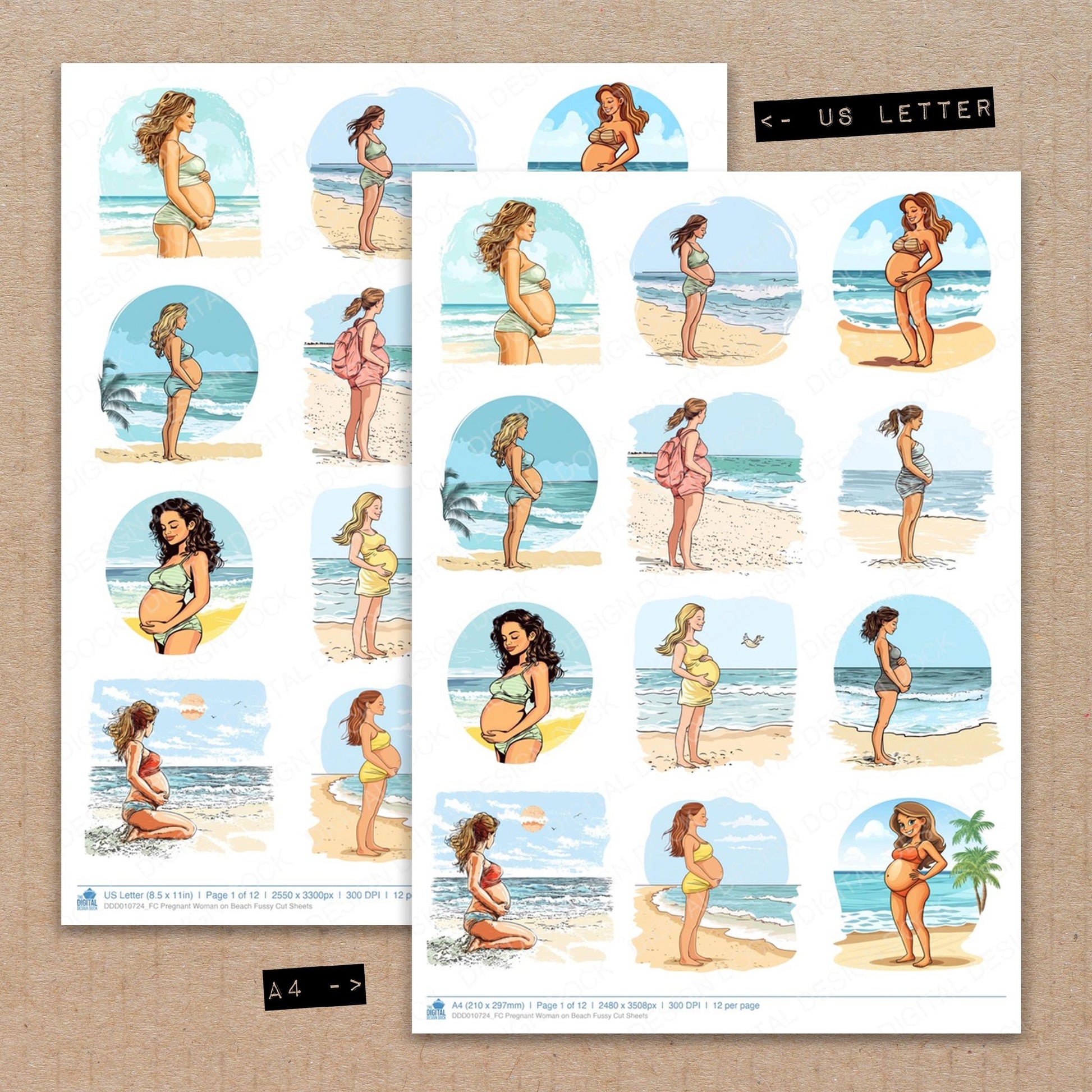 A4 and US Letter format comparison showing Pregnant Woman on Beach fussy cut pages for print and cut crafting