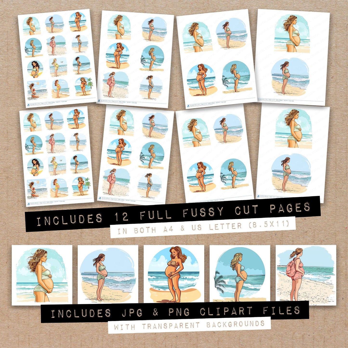 Full collection view of Pregnant Woman on Beach fussy cut sheets with bonus clipart JPG and PNG files