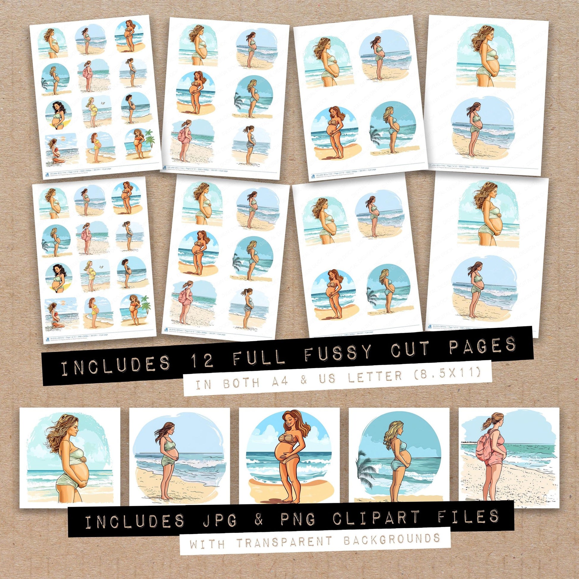 Full collection view of Pregnant Woman on Beach fussy cut sheets with bonus clipart JPG and PNG files