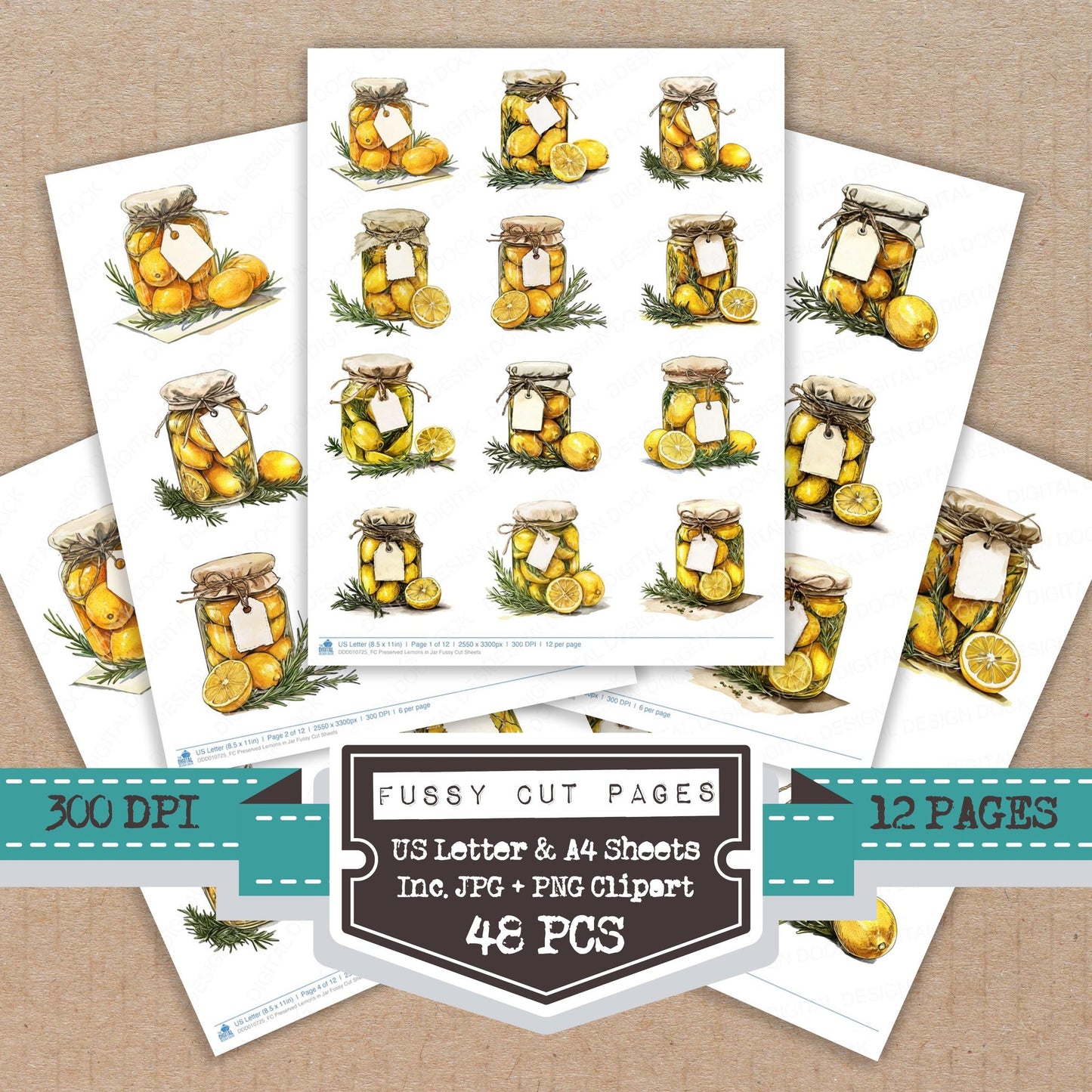 Preserved Lemons in Jar fussy cut printable sheets for junk journaling, scrapbooking, and paper craft projects