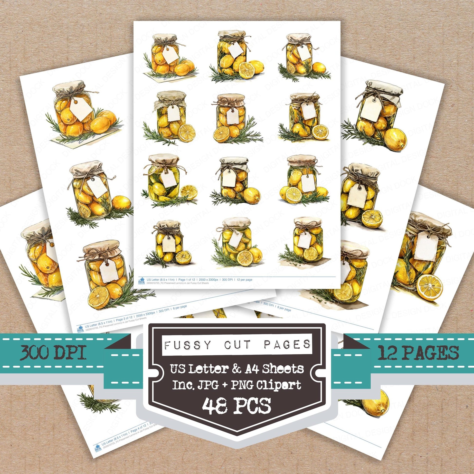 Preserved Lemons in Jar fussy cut printable sheets for junk journaling, scrapbooking, and paper craft projects
