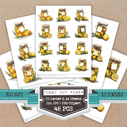 Preserved Lemons in Jar fussy cut printable sheets for junk journaling, scrapbooking, and paper craft projects