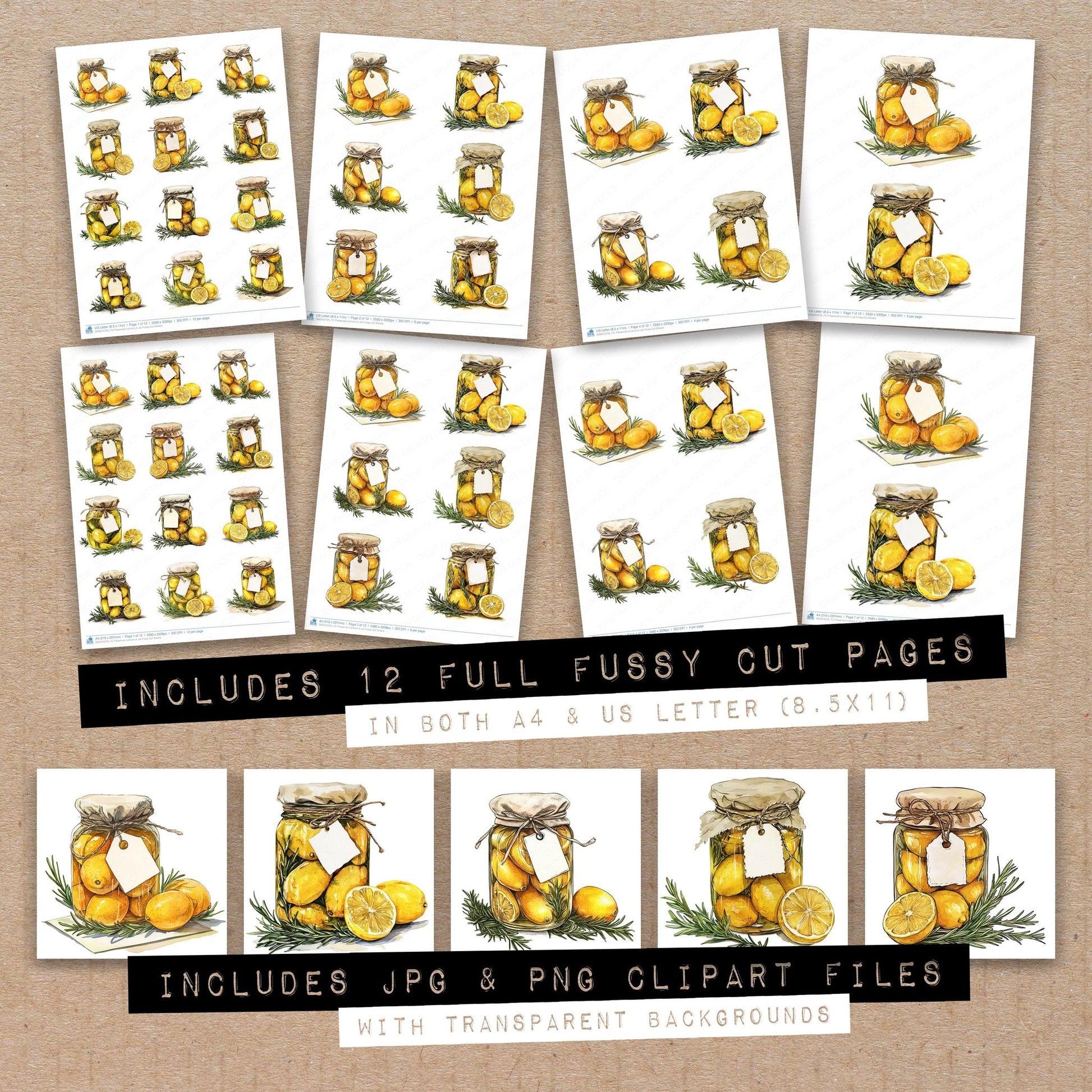 Full collection view of Preserved Lemons in Jar fussy cut sheets with bonus clipart JPG and PNG files