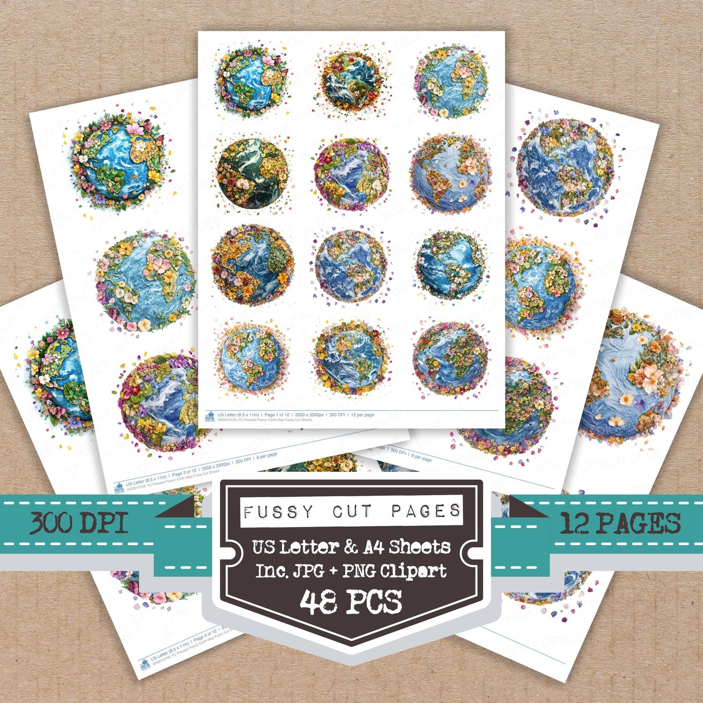 Pressed Flower Earth Map fussy cut printable sheets for junk journaling, scrapbooking, and paper craft projects