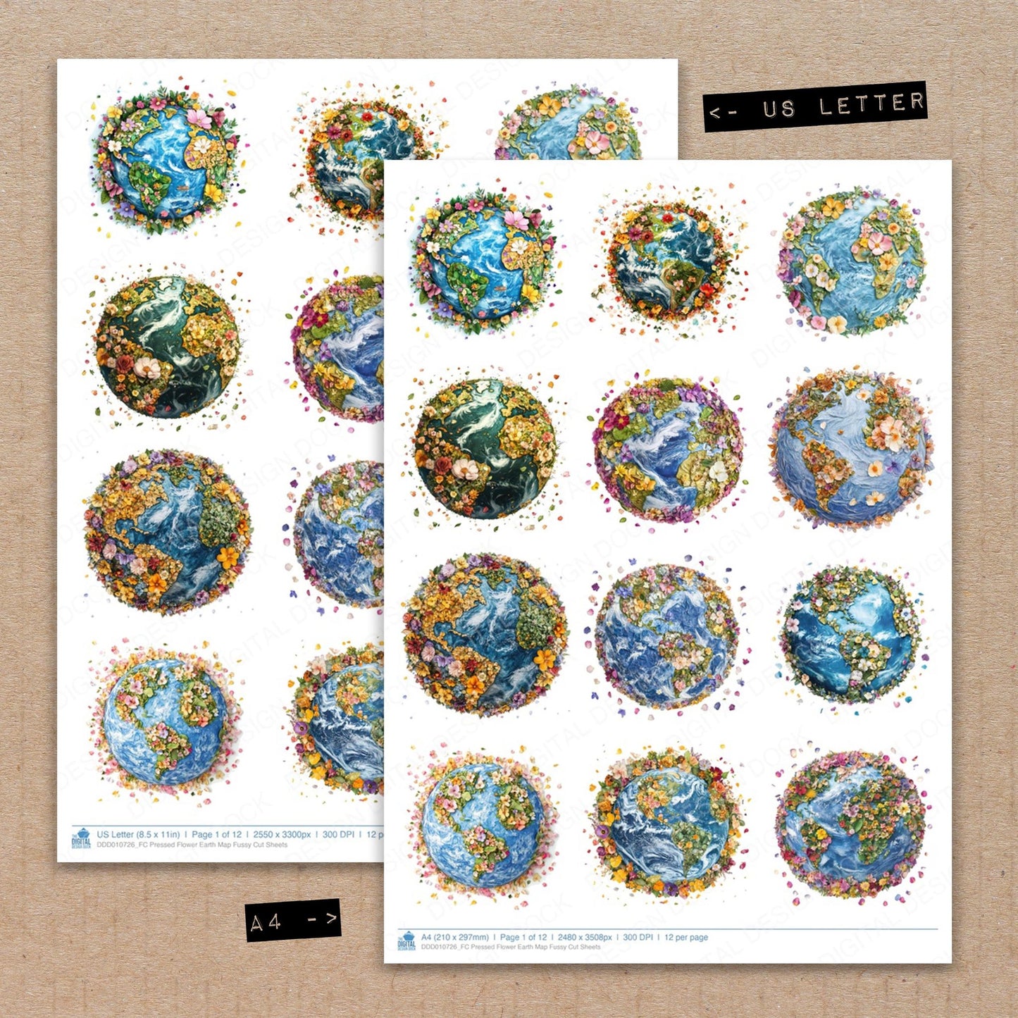A4 and US Letter format comparison showing Pressed Flower Earth Map fussy cut pages for print and cut crafting