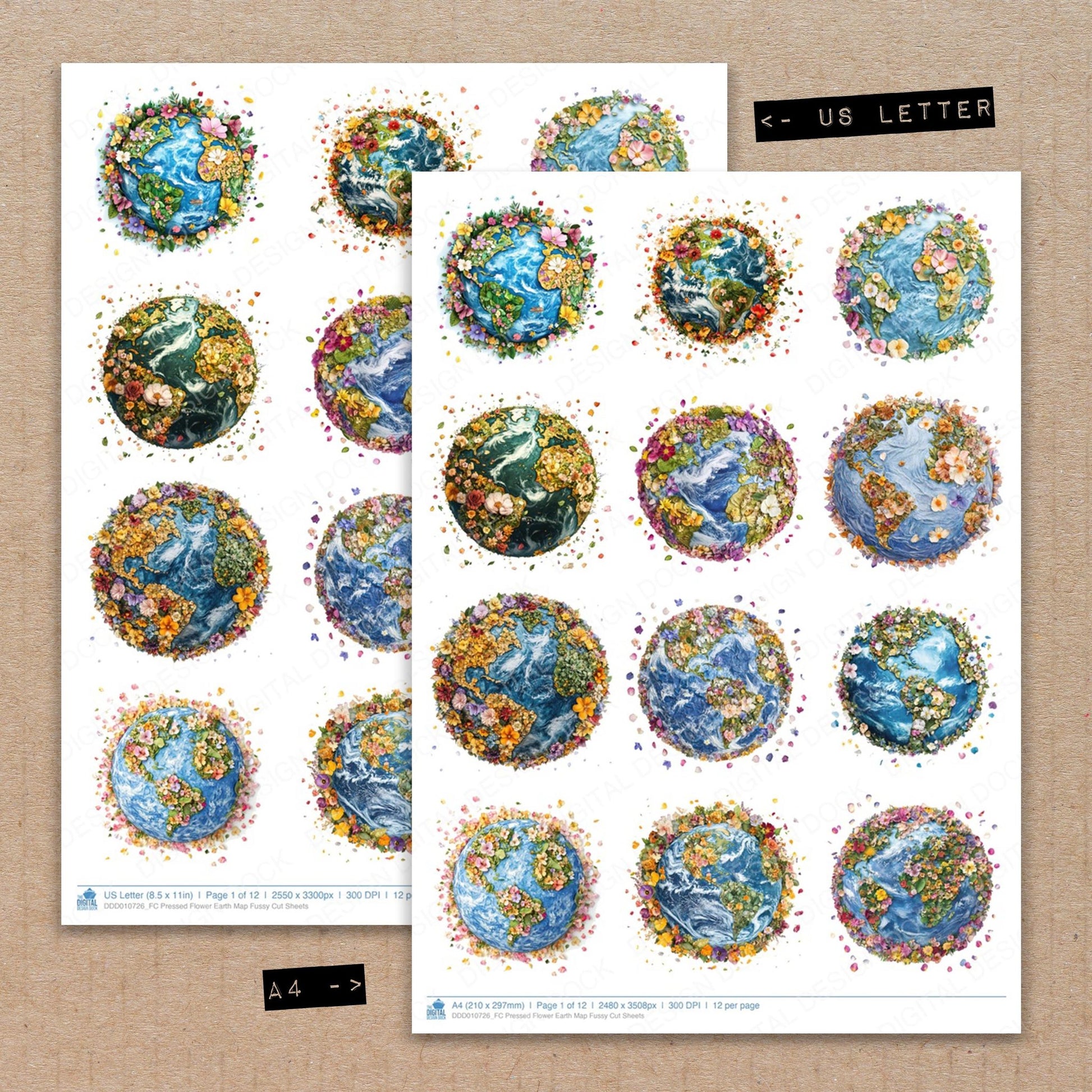 A4 and US Letter format comparison showing Pressed Flower Earth Map fussy cut pages for print and cut crafting