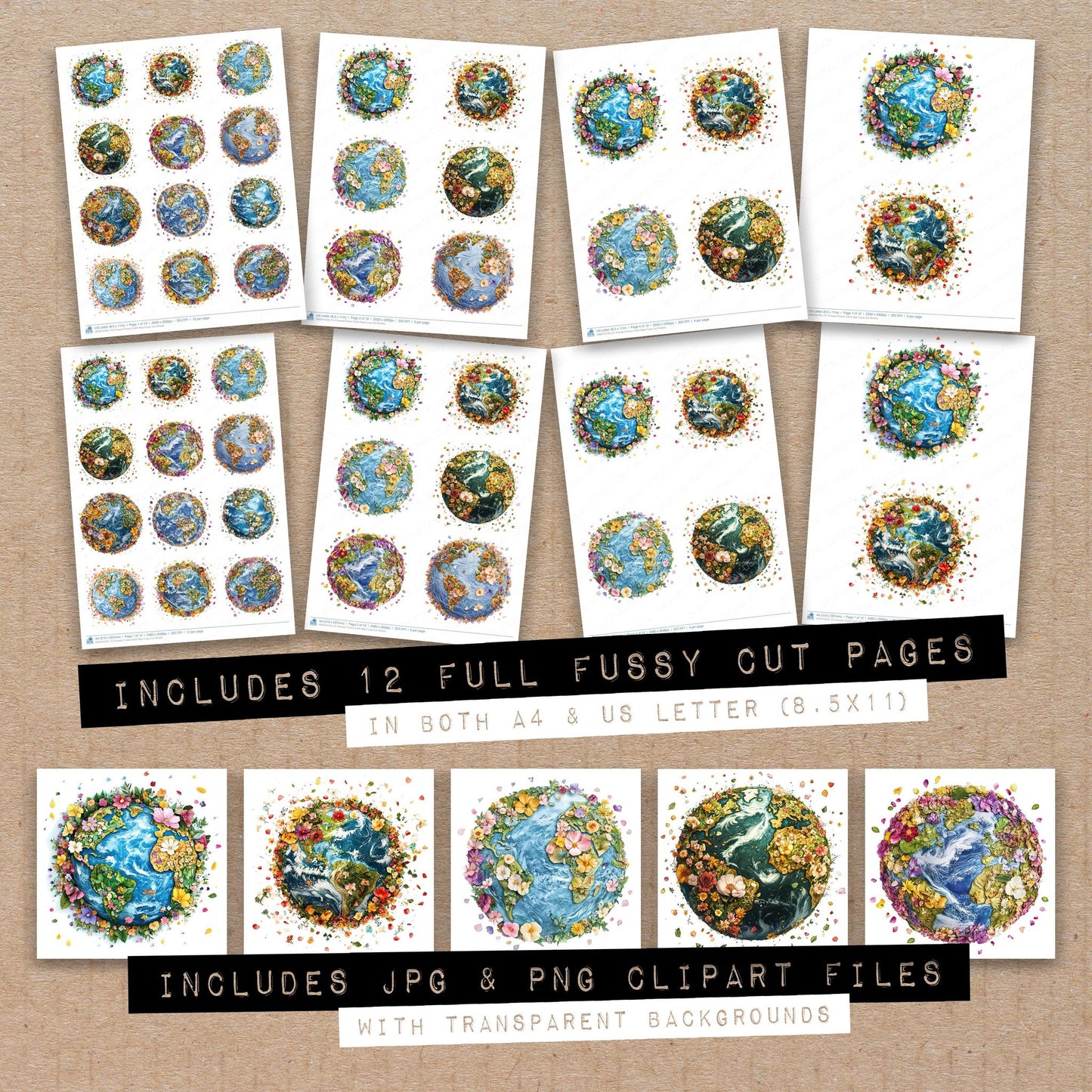 Full collection view of Pressed Flower Earth Map fussy cut sheets with bonus clipart JPG and PNG files