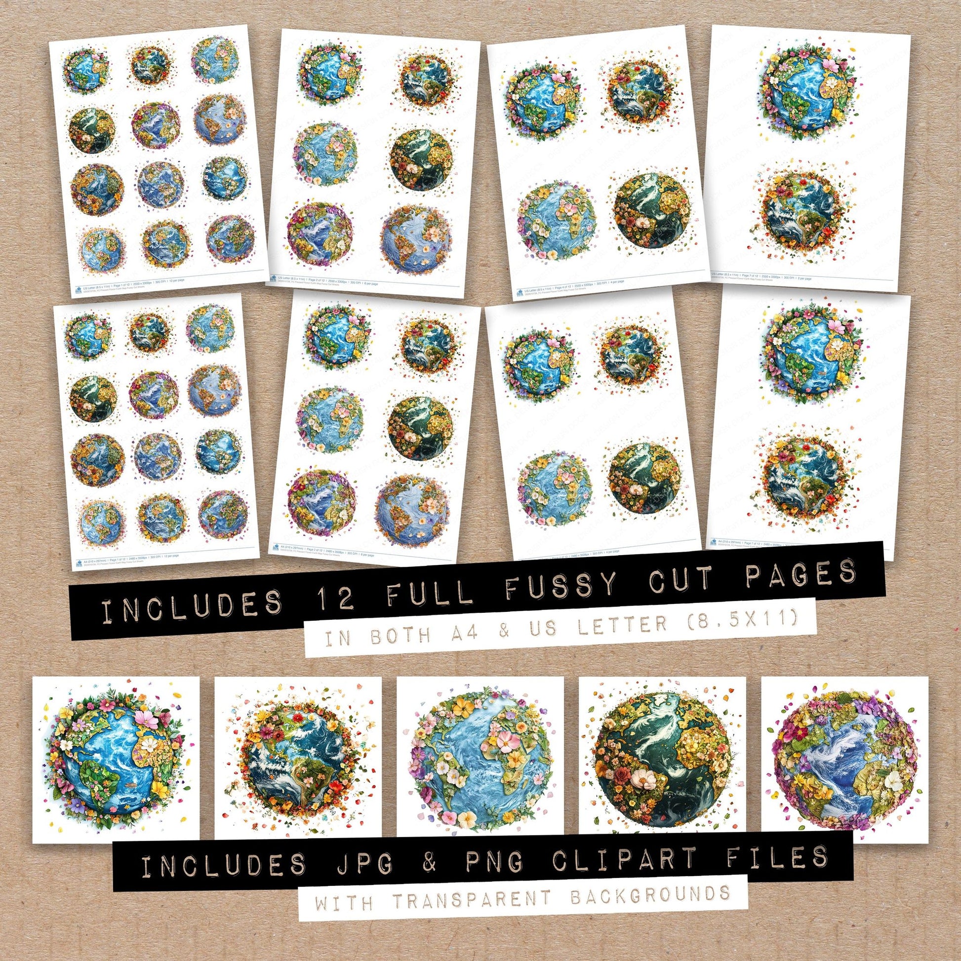 Full collection view of Pressed Flower Earth Map fussy cut sheets with bonus clipart JPG and PNG files